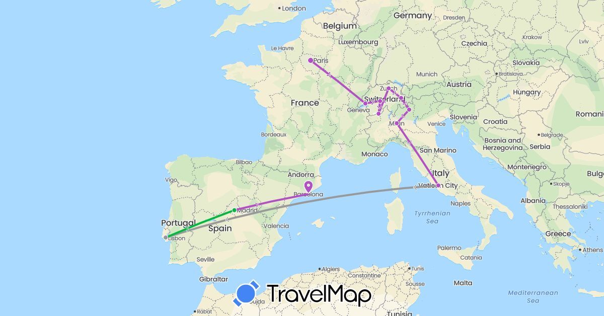 TravelMap itinerary: bus, plane, train in Switzerland, Spain, France, Italy, Portugal (Europe)
